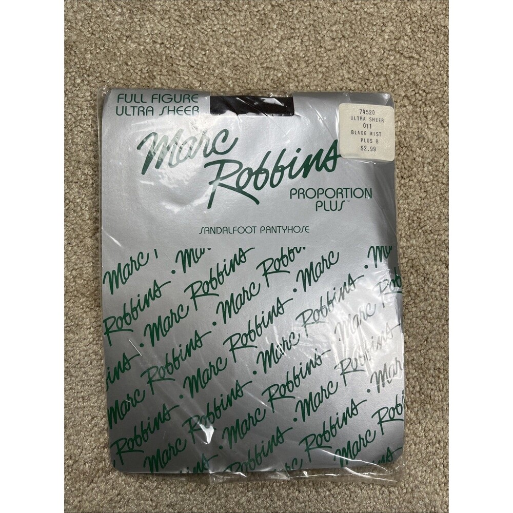 Vintage 90s Marc Robbins Pantyhose Plus Size B Black Mist Ultra Sheer DEADSTOCK
